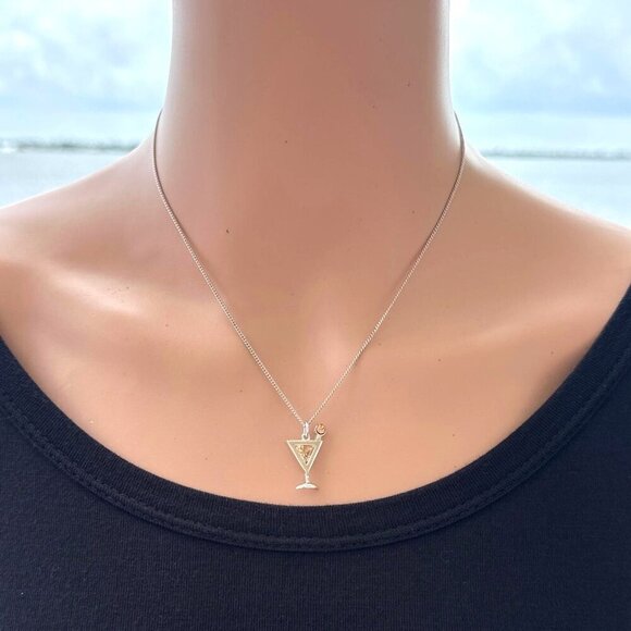 Cocktail Drink Martini Glass Pendant Necklace Silver Tone 16 Inch Necklace - Picture 3 of 4